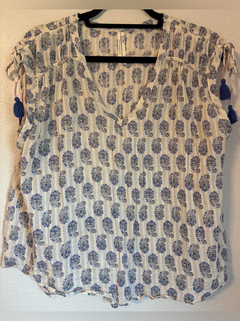 Anthropologie Cream Blouson Top with Blue Floral Print and Tassels